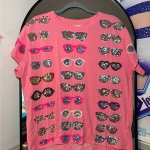QUEEN OF SPARKLES Pink Tee with Sequin Sunglasses
